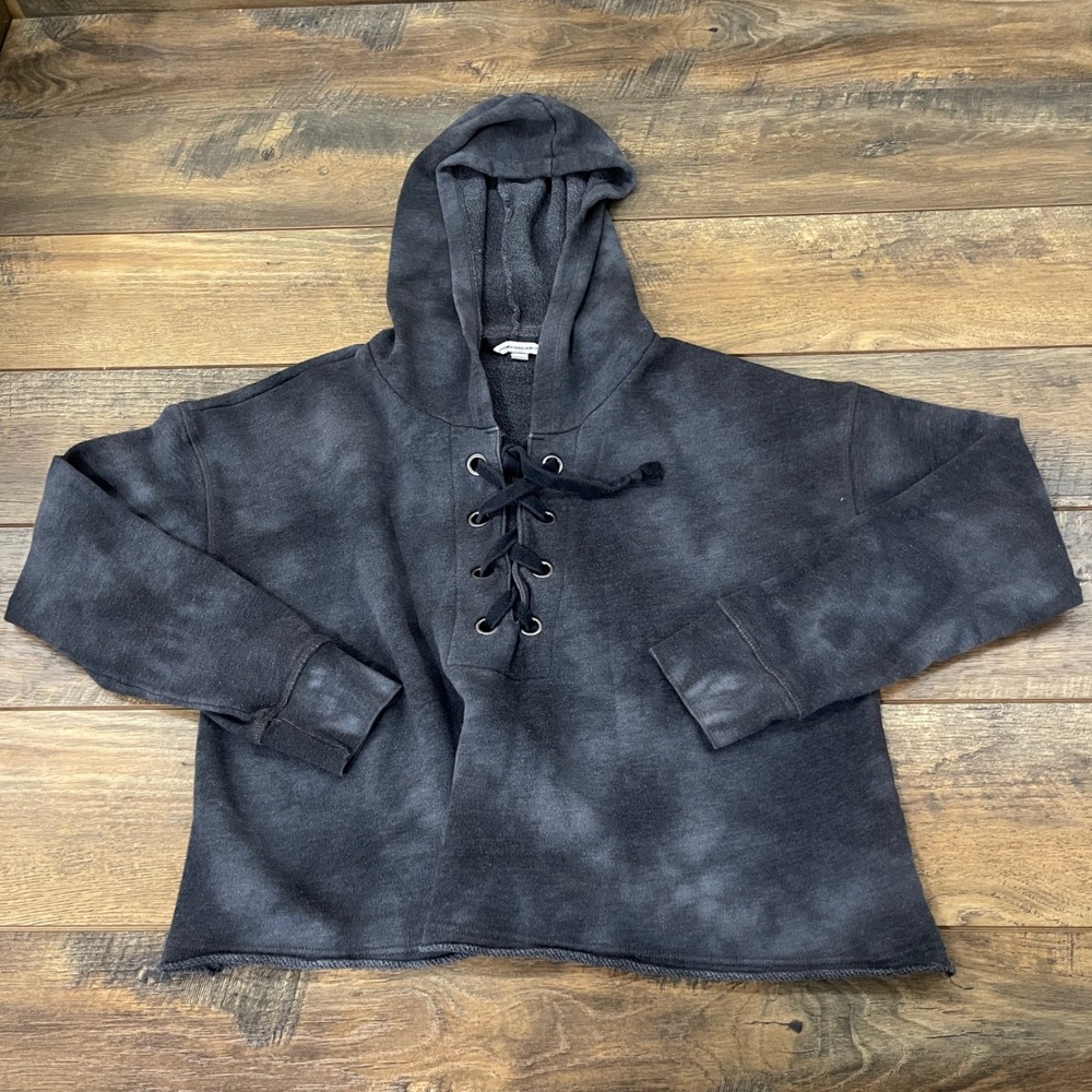 American Eagle Outfitters Lace Up Hoodie Gray Acid Wash Cropped Large Grunge Y2K